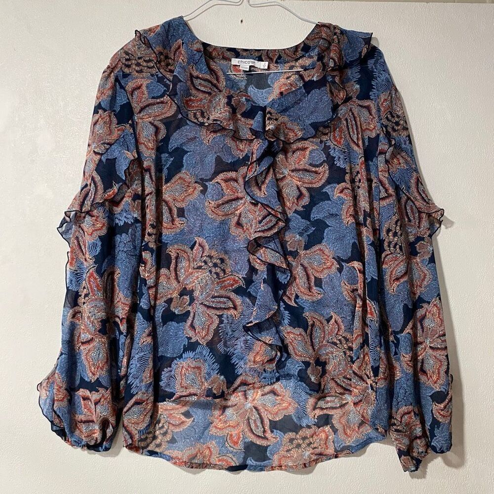 Chico’s Size 2 Blue Floral Ruffle Blouse Long Sleeve Sheer Boho Top Large